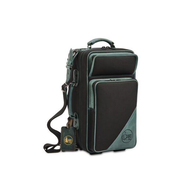 Gard Elite Fibreglass Double Cornet Case- Black synthetic with Slate Green Leather Trim